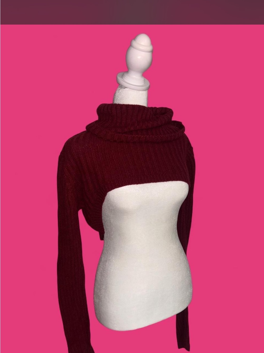 Cropped Ribbed Turtleneck Shrug Sweater - Wine Pink